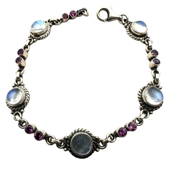 Purple Amethyst & Moonstone Gemstone Sterling Silver Bracelet 7 Inch 13 Grams - Picture 1 of 6